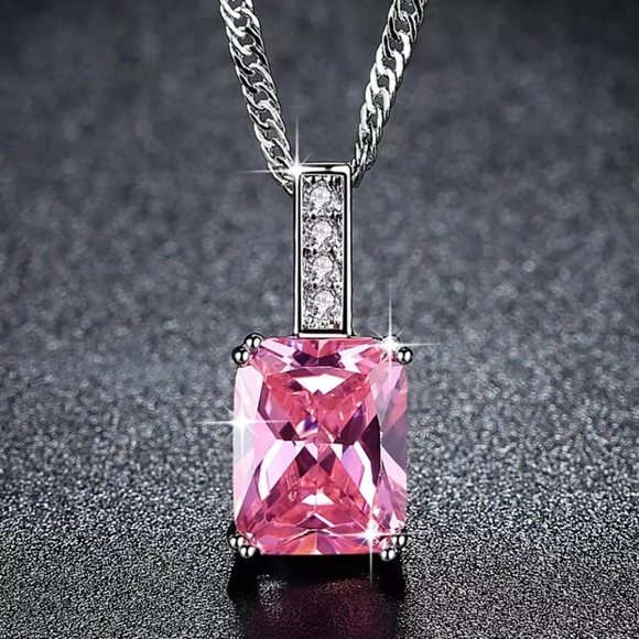 Pink Princess Cut AAA Cubic Zirconia Necklace - Picture 6 of 6